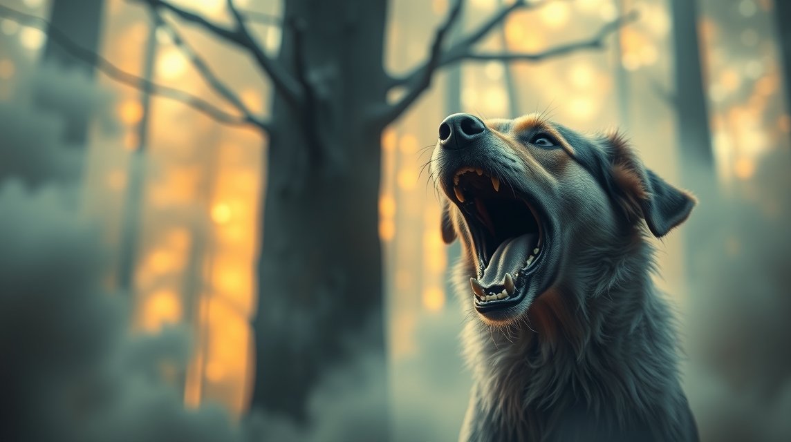 Ein Hund, der in einem nebligen Wald laut bellt, mit leuchtenden Bäumen im Hintergrund.