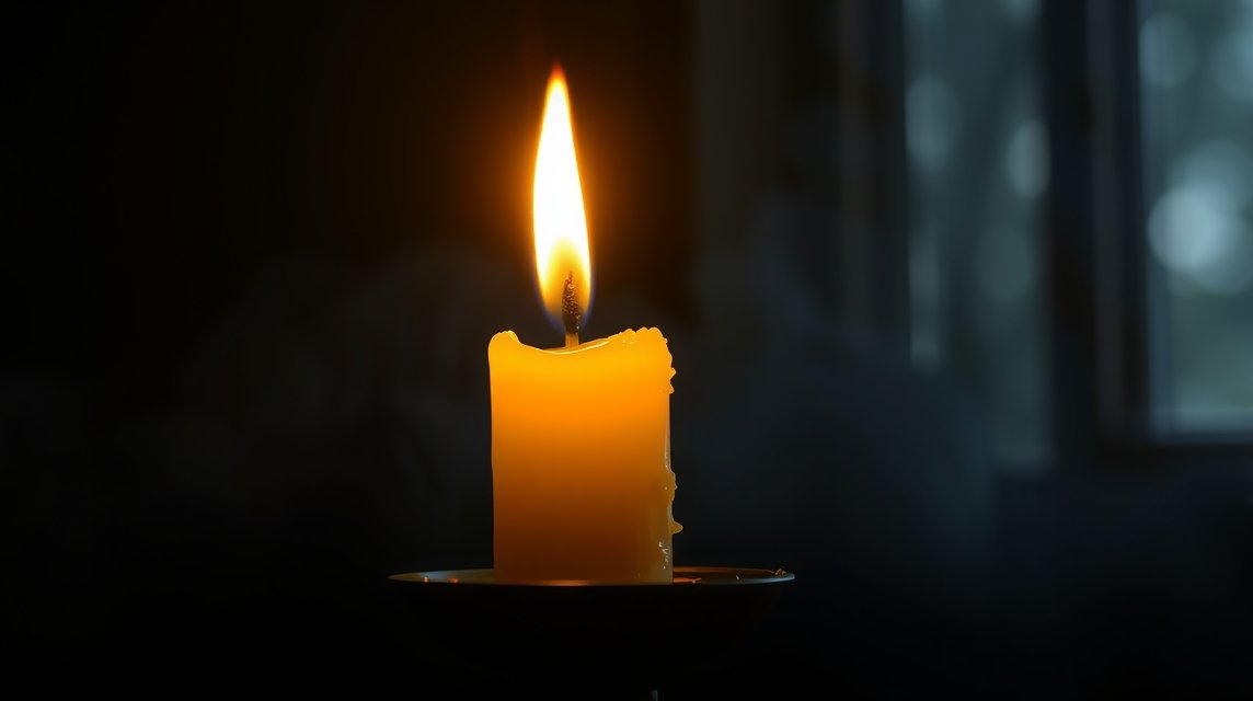 Eine brennende Kerze in einem dunklen Raum, die sanft flackert.