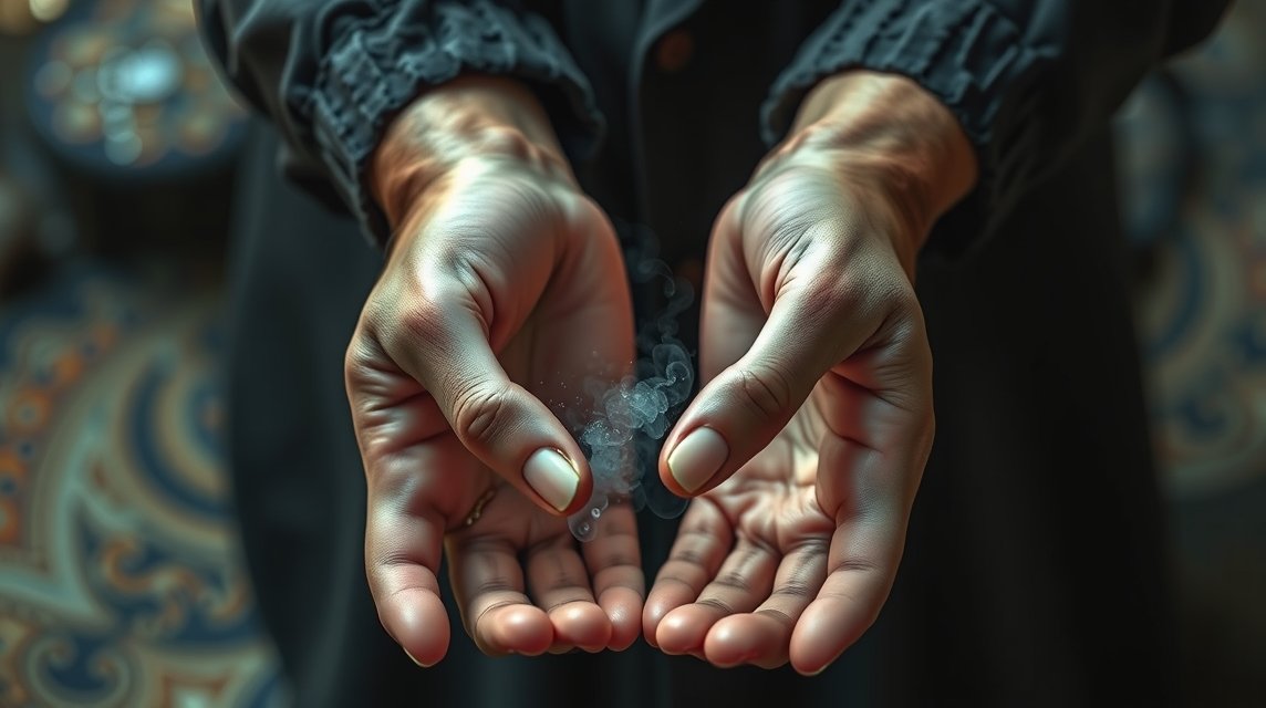 Zwei Hände halten eine kleine Wolke aus Dampf oder Rauch.