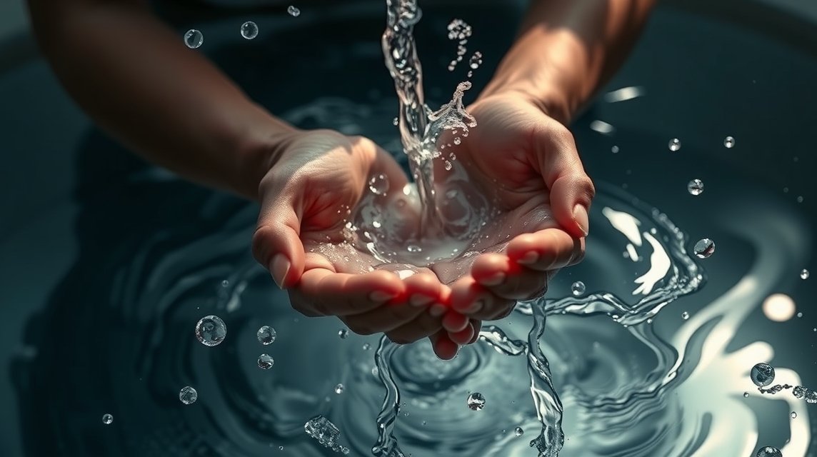 Hände fangen sprudelndes Wasser in einer ruhigen Umgebung.