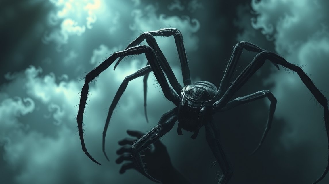 Eine große, bedrohlich aussehende Spinne schwebt über einer Hand in einem nebligen, düsteren Umfeld.
