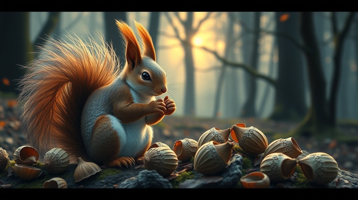 Ein Eichhörnchen sitzt in einem Wald und knackt eine Nuss, umgeben von Nussschalen.
