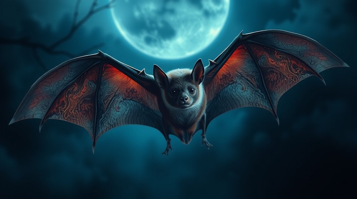 Eine detailreiche Fledermaus mit leuchtenden Flügeln fliegt vor einem vollen Mond.