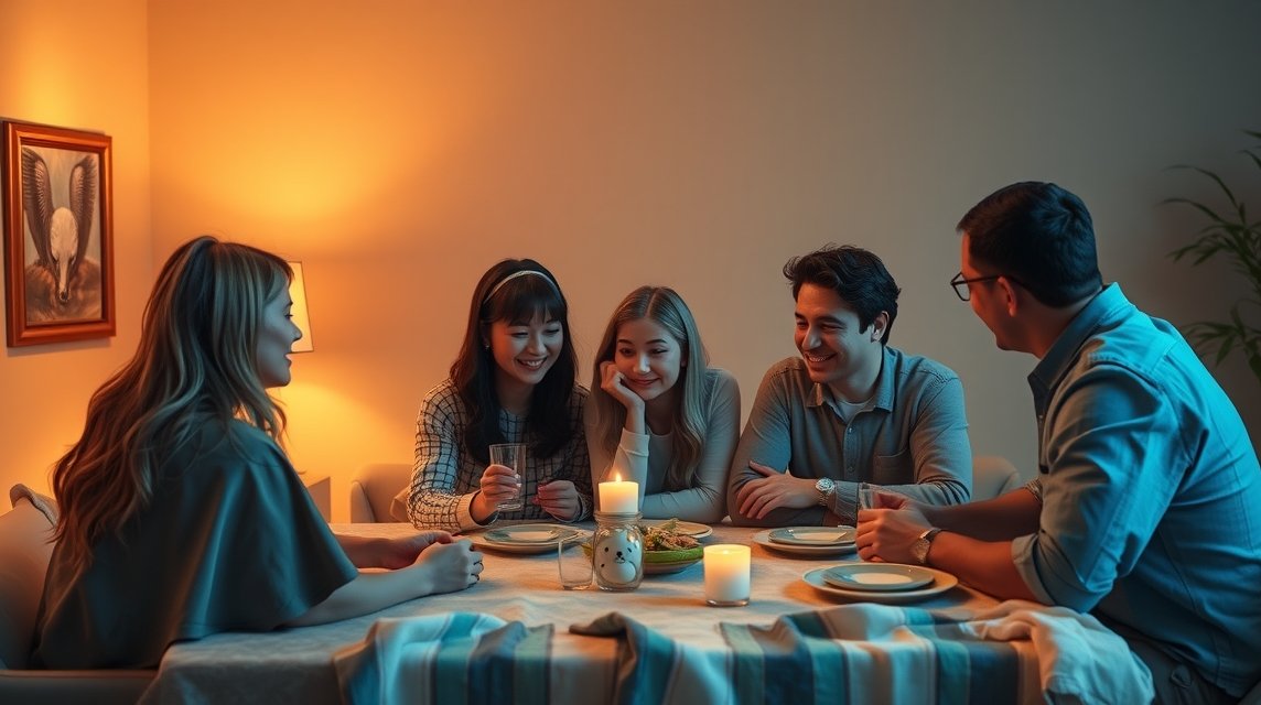 Eine Gruppe von fünf Freunden sitzt an einem Tisch bei Kerzenlicht und genießt eine gesellige Zeit.