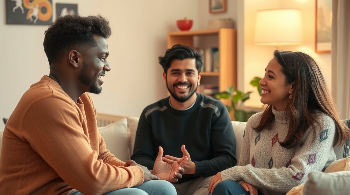 Drei Personen sitzen in einem gemütlichen Raum und unterhalten sich fröhlich.