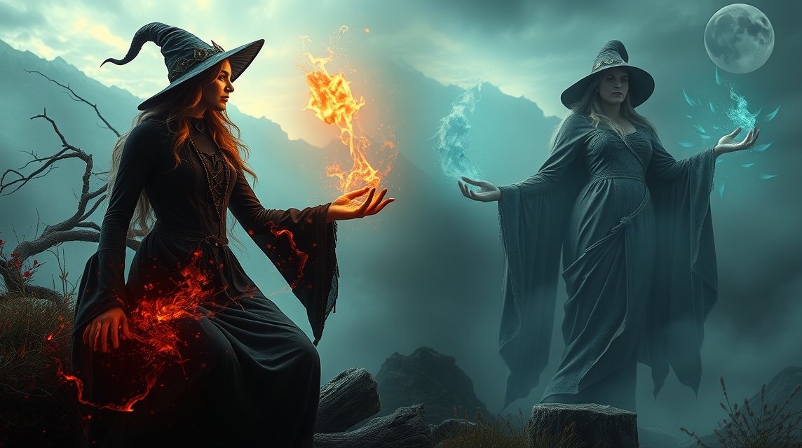 Zwei Hexen, eine mit Feuer und die andere mit Wasser, stehen in einer mystischen Landschaft.