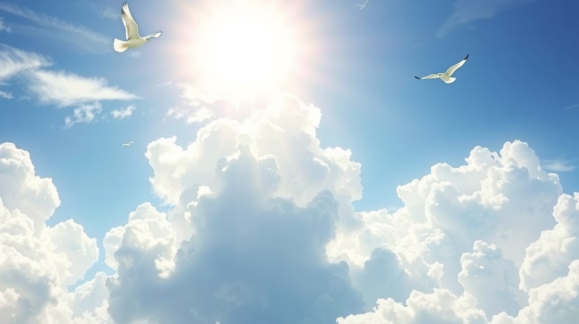 Ein strahlend blauer Himmel mit weißen Wolken und fliegenden Vögeln.