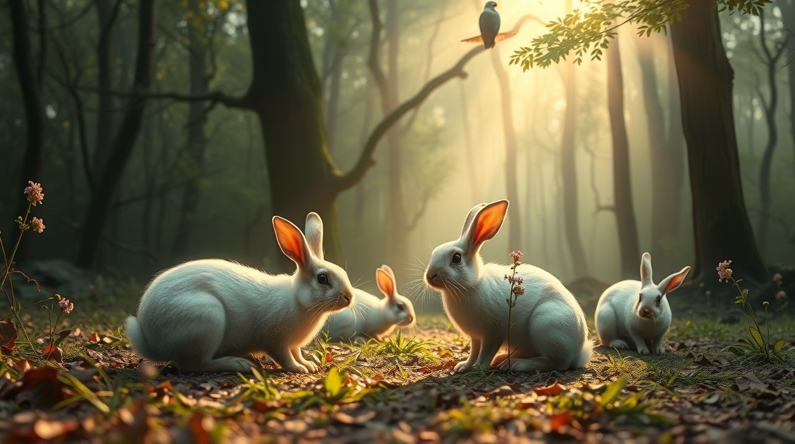 Fünf weiße Kaninchen sitzen im Wald, umgeben von sanftem Licht und Pflanzen.