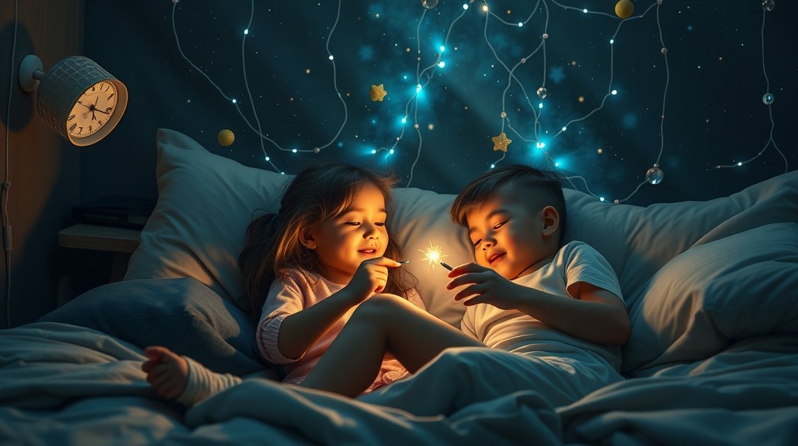 Zwei Kinder sitzen im Bett und betrachten einen leuchtenden Stern.