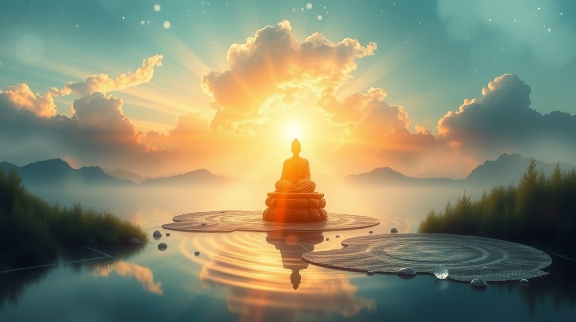 Ein Buddha sitzt meditierend auf einem Wasserblatt bei Sonnenaufgang.
