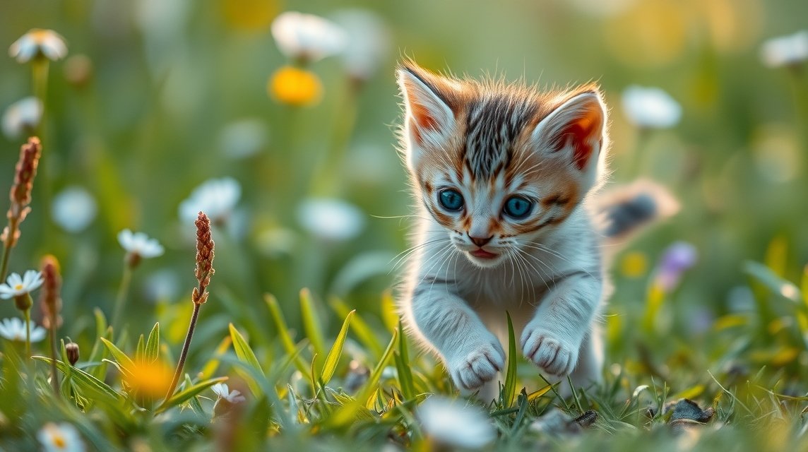 Ein neugieriges Kätzchen mit blauen Augen, das durch eine blühende Wiese springt.