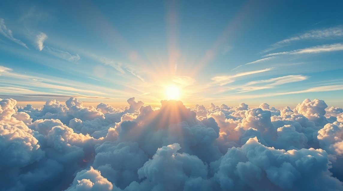 Ein strahlender Sonnenaufgang über einer Wolkendecke, die den Himmel erhellt.