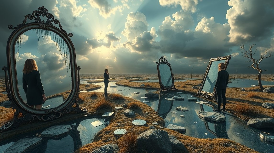 Drei Spiegel in einer surrealen Landschaft mit Menschen, die nachdenken.