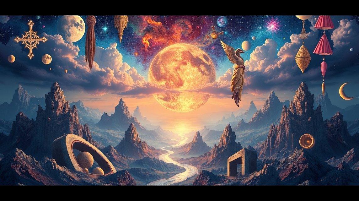 Eine surrealistische Landschaft mit einem großen, leuchtenden Mond und schwebenden Objekten.