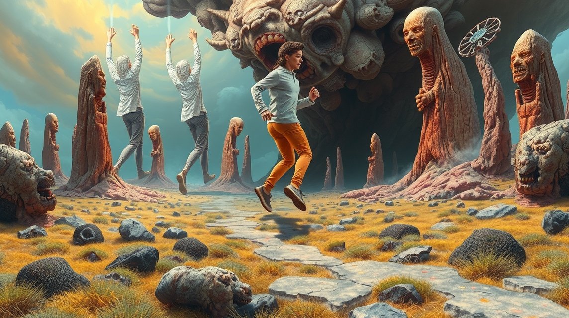 Eine surrealistische Landschaft mit einer laufenden Frau und grotesken Figuren.
