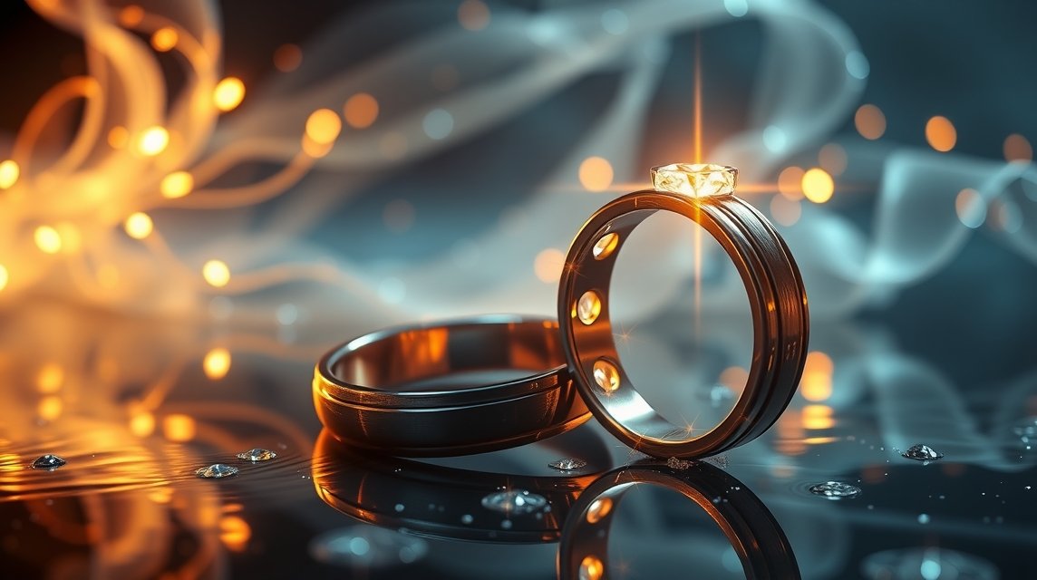Zwei Eheringe, einer mit einem funkelnden Diamanten, auf einer reflektierenden Oberfläche.