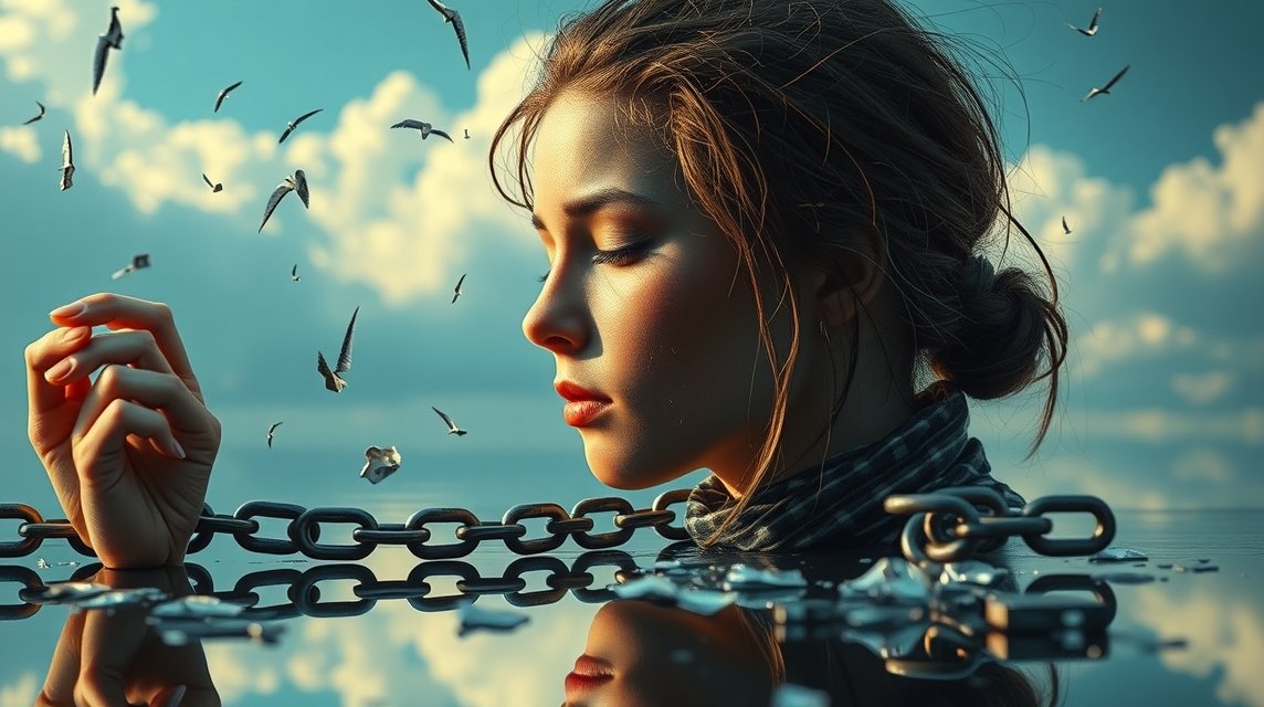 Eine nachdenkliche Frau mit Ketten im Wasser, umgeben von fliegenden Vögeln.