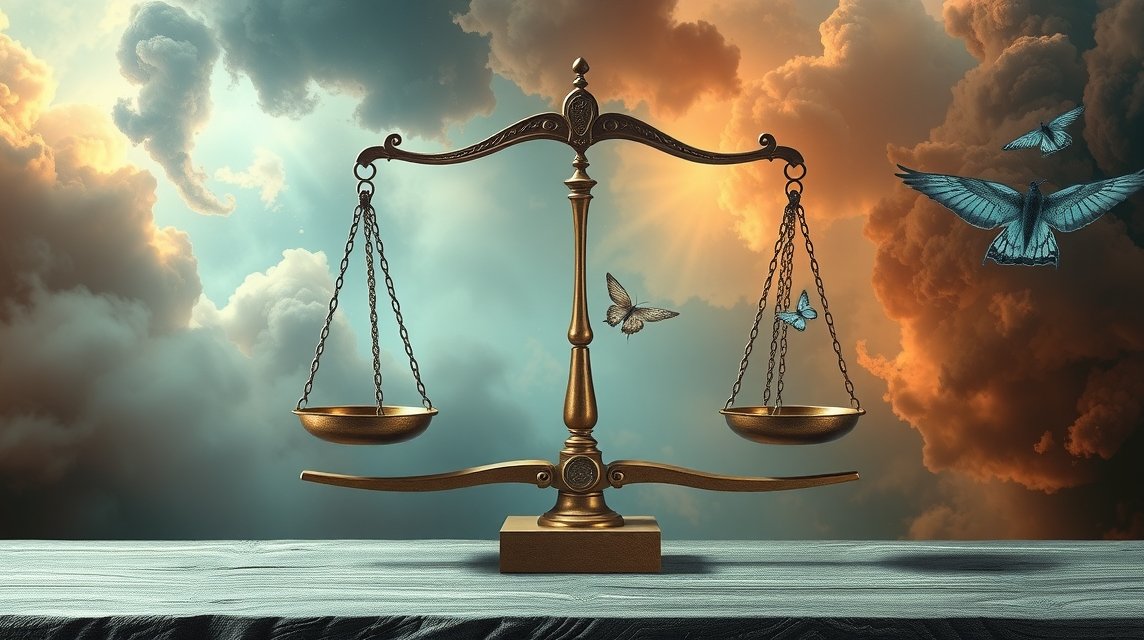 Eine goldene Waage steht vor einem dramatischen Himmel mit Wolken und Schmetterlingen.