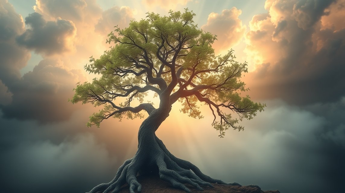 Ein majestätischer Baum mit weitreichenden Ästen und kräftigen Wurzeln, umgeben von dramatischen Wolken.