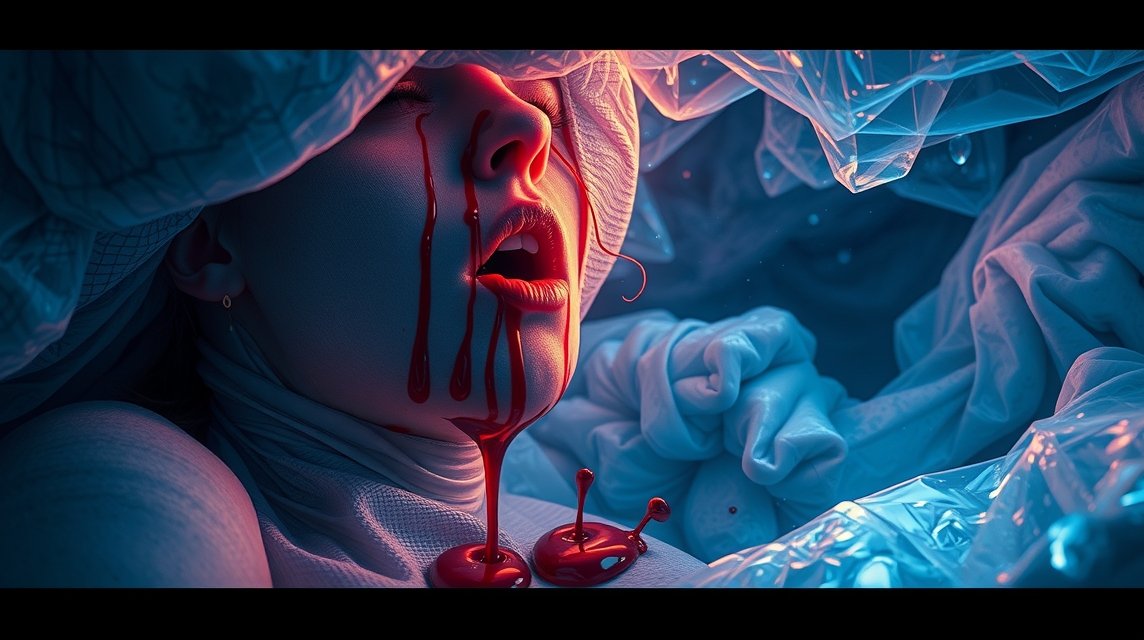 Eine Person mit blutenden Lippen, umgeben von transparentem Material.