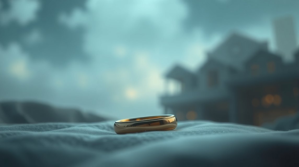Ein goldener Ehering liegt auf einem Bett, im Hintergrund ein verschwommenes Haus.