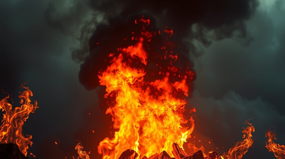 Ein loderndes Feuer mit orangefarbenen Flammen und dunklen Wolken im Hintergrund.