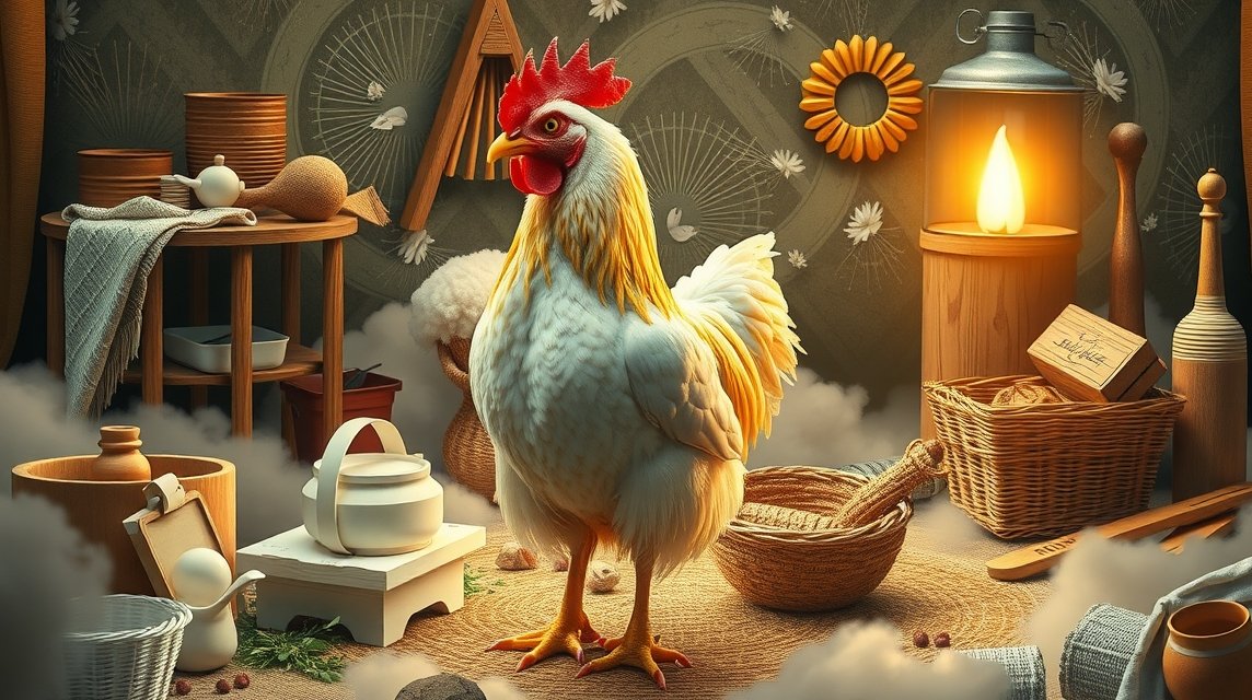 Ein Huhn steht in einer gemütlichen, ländlichen Umgebung mit verschiedenen Haushaltsgegenständen.
