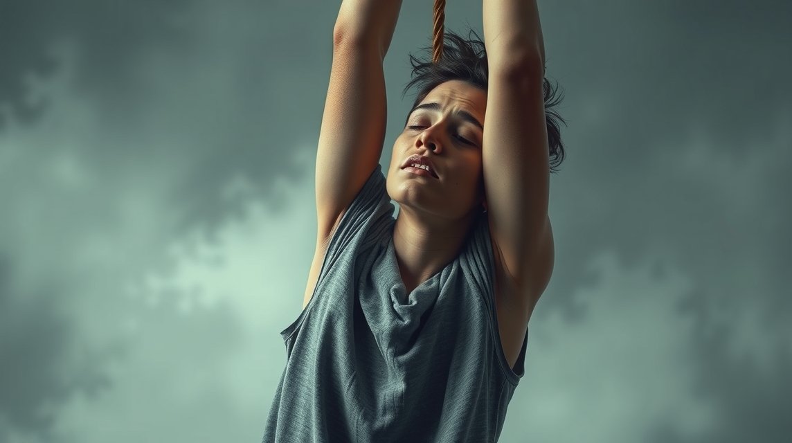 Eine Person hängt an einem Seil, mit einem Ausdruck von Anspannung und Emotion.