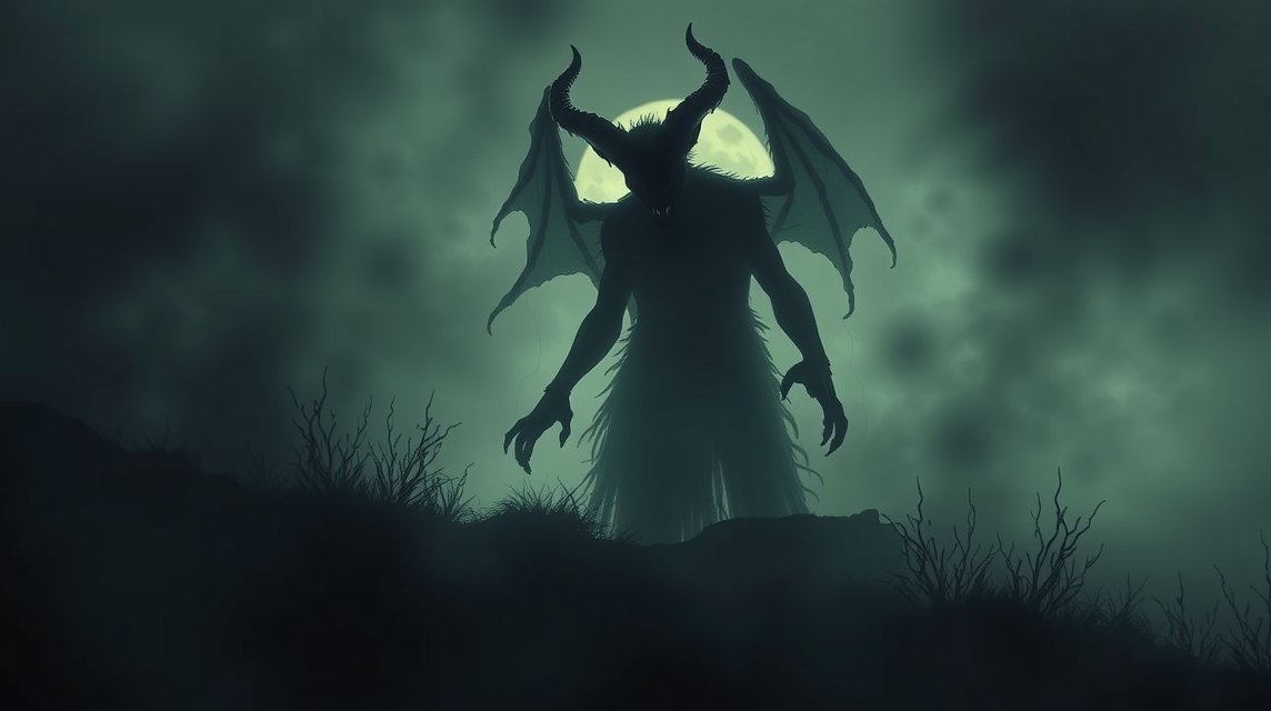 Eine dunkle, schattenhafte Gestalt mit Hörnern und Flügeln vor einem nebligen Hintergrund.
