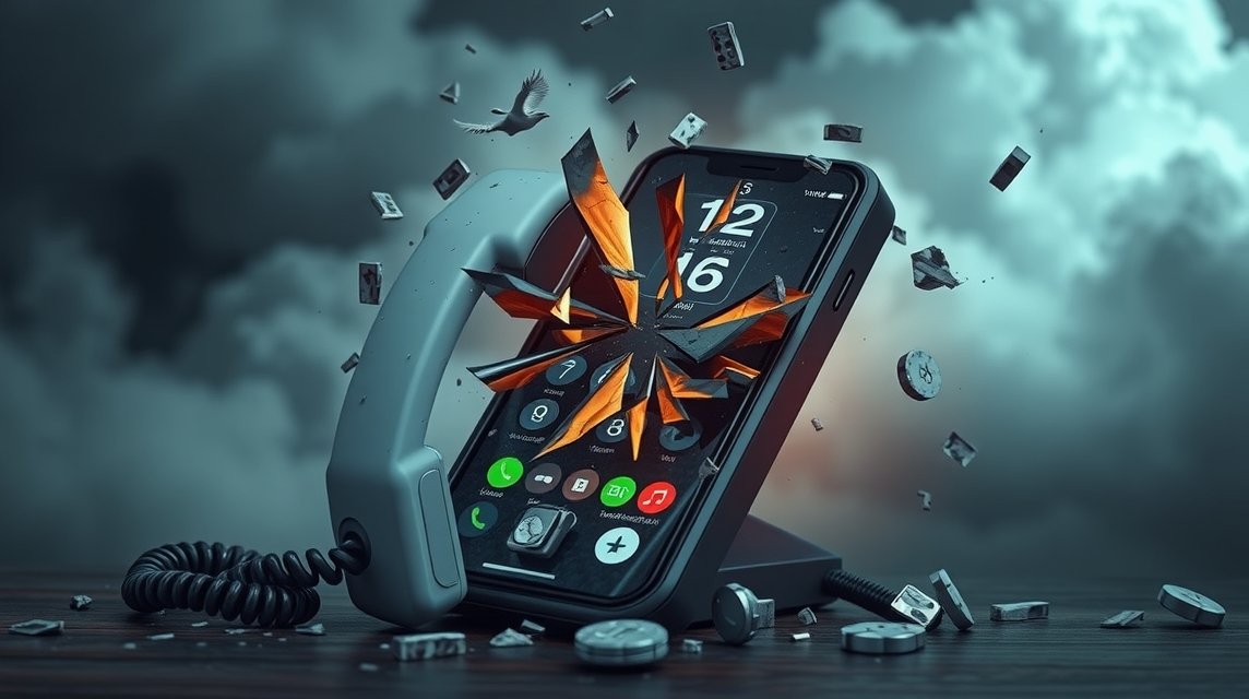 Ein zerbrochener Smartphone-Bildschirm mit fliegenden Teilen und einem Telefonhörer.