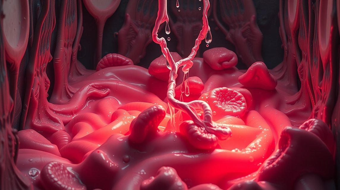 Eine abstrakte Darstellung von rotem, flüssigem Material, das in einer organischen Form fließt.