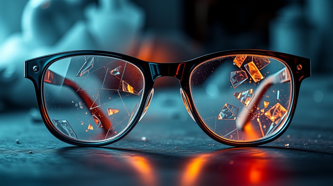 Eine zerbrochene Brille mit schimmernden Glassplittern im Fokus.