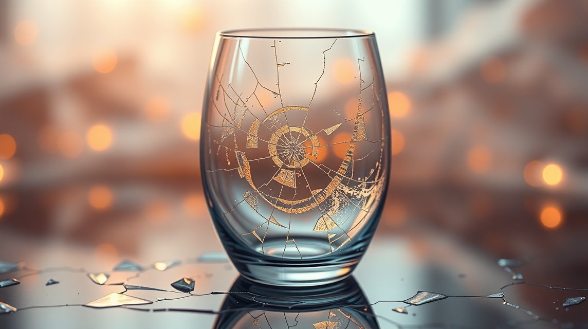 Ein zerbrochener Glasbecher mit feinen Rissen und goldenen Verzierungen.