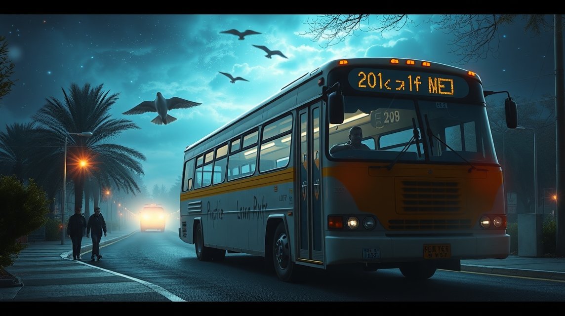 Ein Bus fährt auf einer ruhigen Straße unter einem sternenklaren Himmel.