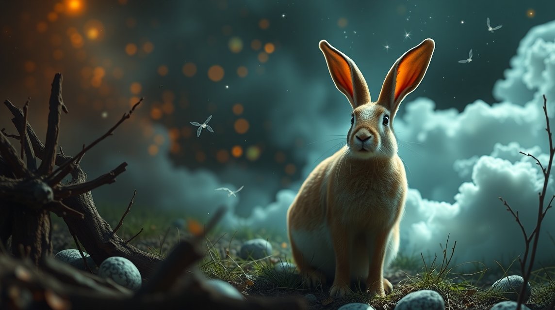 Ein neugieriger Hase sitzt in einer mystischen Umgebung mit Eiern und Wolken.