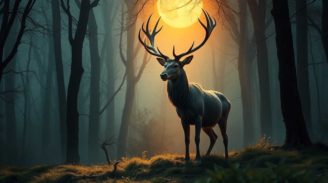 Ein majestätischer Hirsch steht im Nebelwald vor einer leuchtenden Sonne.