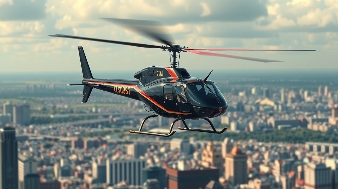 Ein schwarzer Hubschrauber schwebt über einer Stadtlandschaft mit Wolken.
