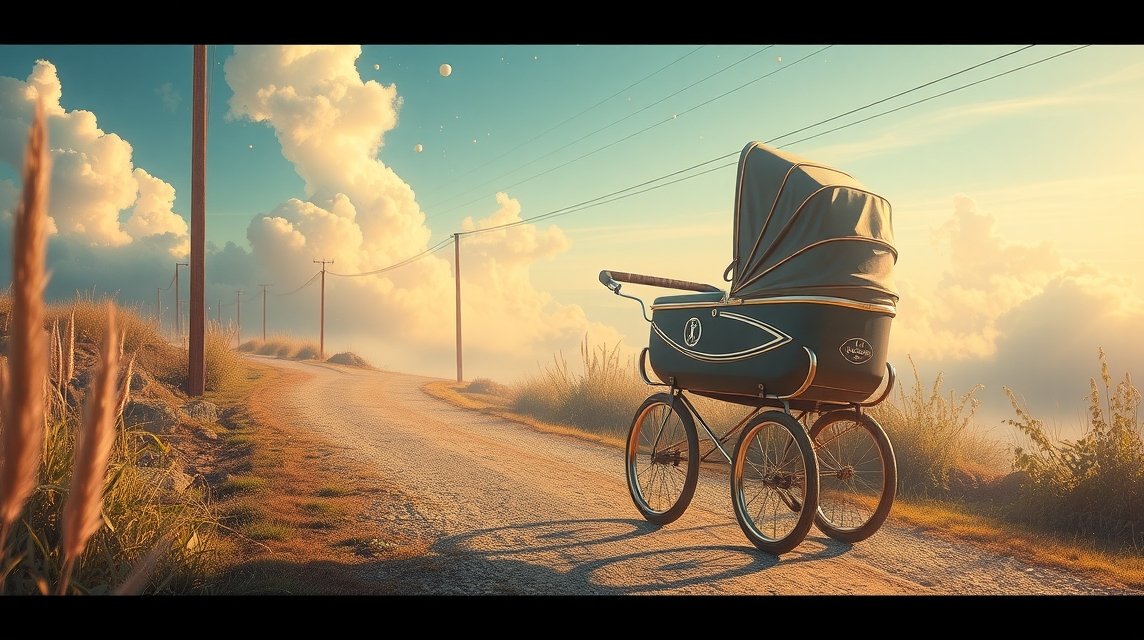 Ein Kinderwagen steht auf einem ruhigen, ländlichen Weg unter einem blauen Himmel.