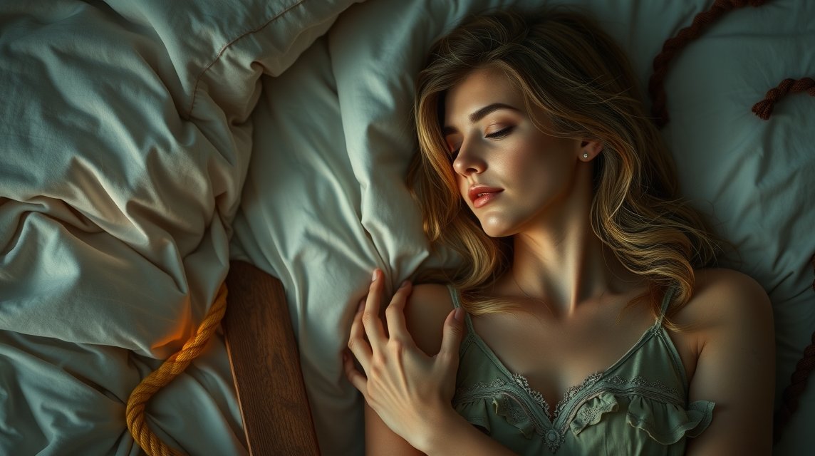 Eine Frau schläft friedlich auf einem Bett mit weichen Kissen und Decken.