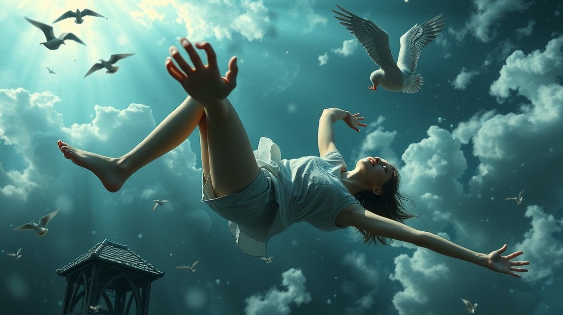 Eine schwebende Frau umgeben von Vögeln und Wolken im Traumzustand.