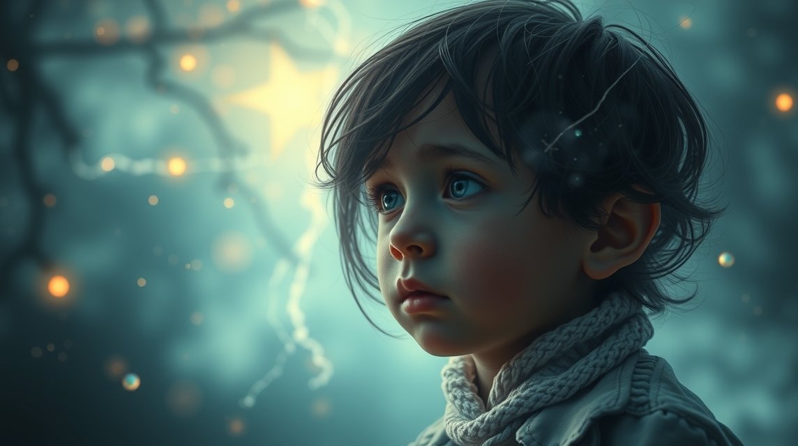 Ein nachdenklicher Junge mit blauen Augen und zerzausten Haaren in einer mystischen Umgebung.