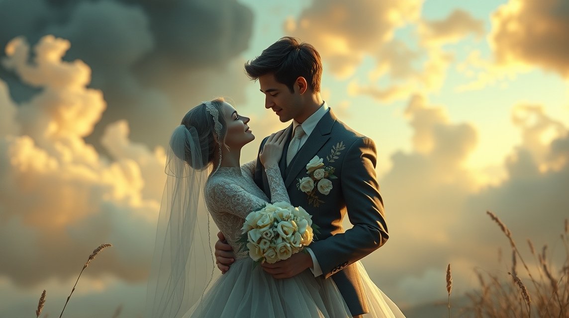 Ein Brautpaar umarmt sich liebevoll vor einer dramatischen Wolkenlandschaft.