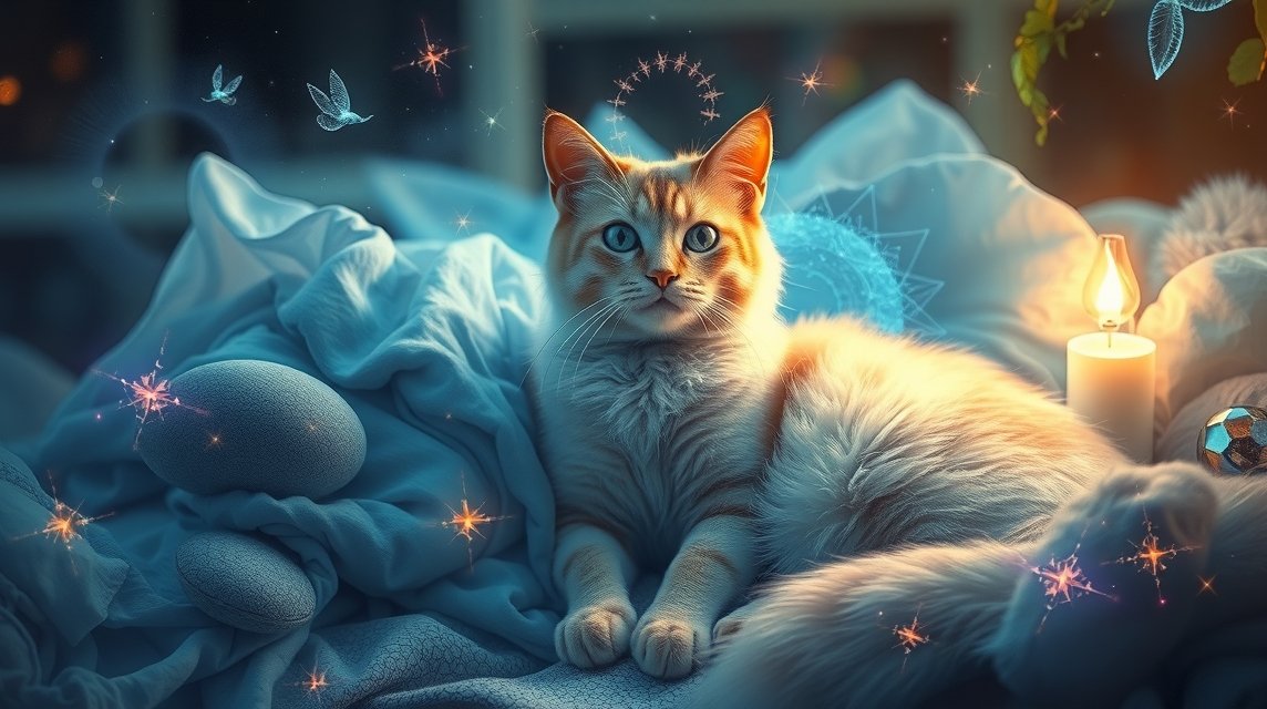 Eine orangefarbene Katze liegt entspannt auf einem Bett mit Kissen und Decken.