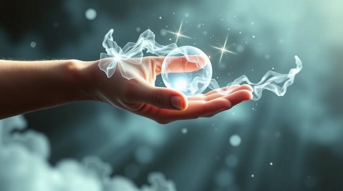Eine Hand hält eine schimmernde, transparente Kugel, umgeben von zarten Nebelschwaden.