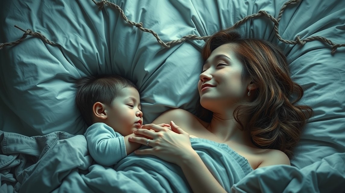 Eine schlafende Mutter hält ihr Baby in einem gemütlichen Bett.