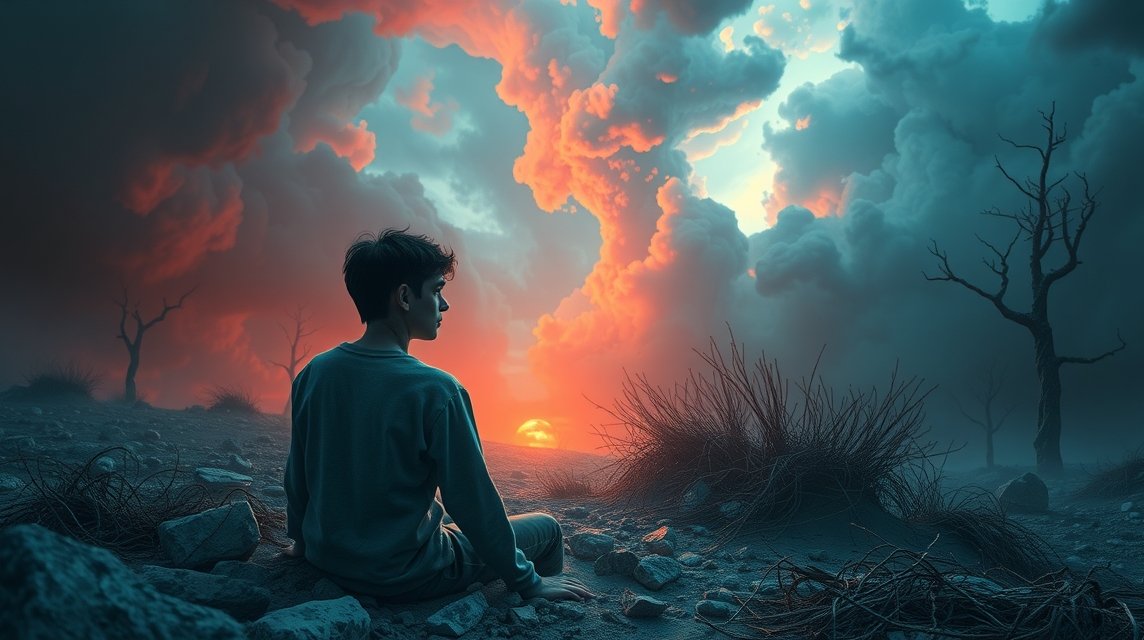 Ein junger Mann sitzt auf dem Boden und betrachtet einen dramatischen Sonnenuntergang hinter dunklen Wolken.