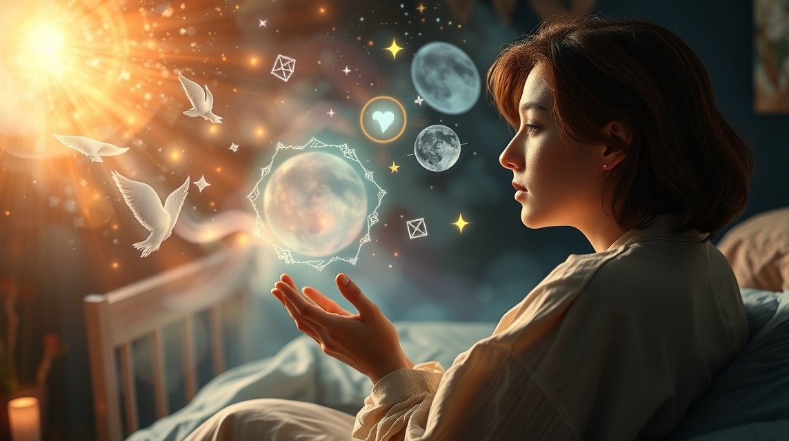 Eine nachdenkliche Frau sitzt im Bett und betrachtet leuchtende Traumsymbole.