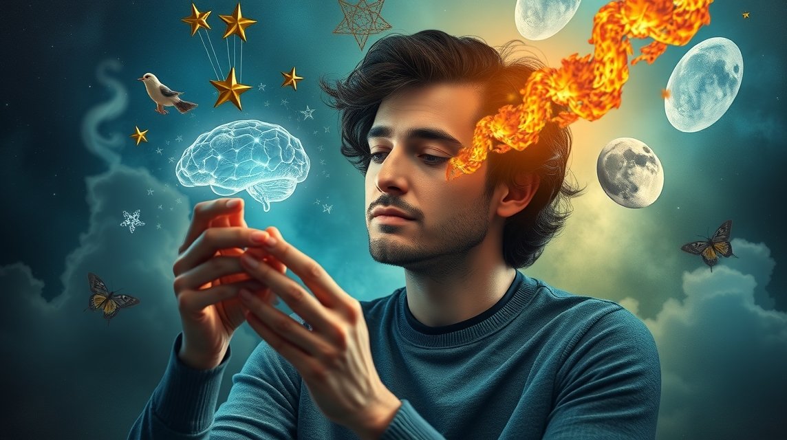 Ein nachdenklicher junger Mann betrachtet eine leuchtende Gehirnillustration und symbolische Elemente wie Sterne und Feuer.
