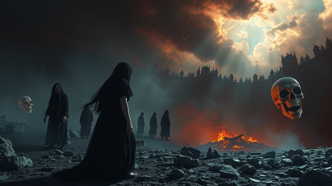 Dunkle Gestalten in Kapuzenumhängen stehen in einer mystischen Landschaft mit einem brennenden Feuer und einem schwebenden Totenschädel.