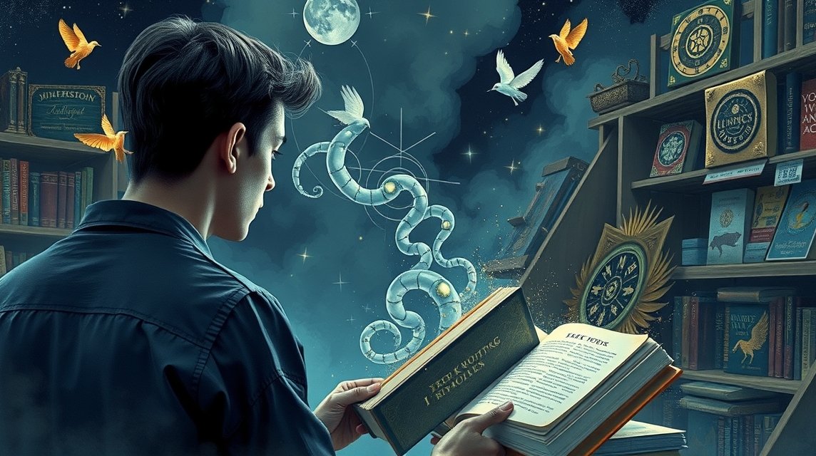 Ein junger Mann betrachtet ein Buch über Traumdeutung in einer mystischen Bibliothek.